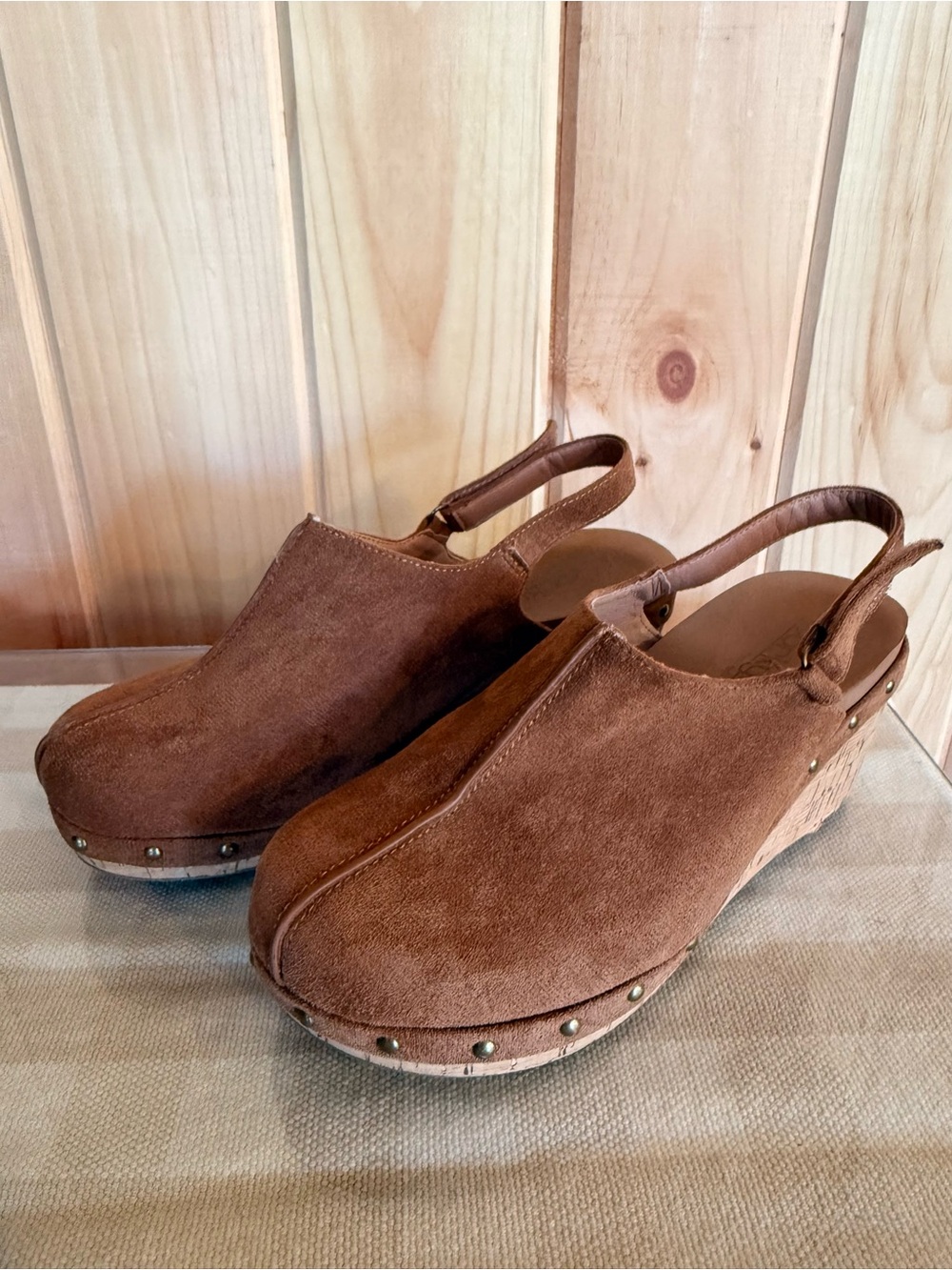 Corkys Brown Suede Studded Slingback Wedge Clogs